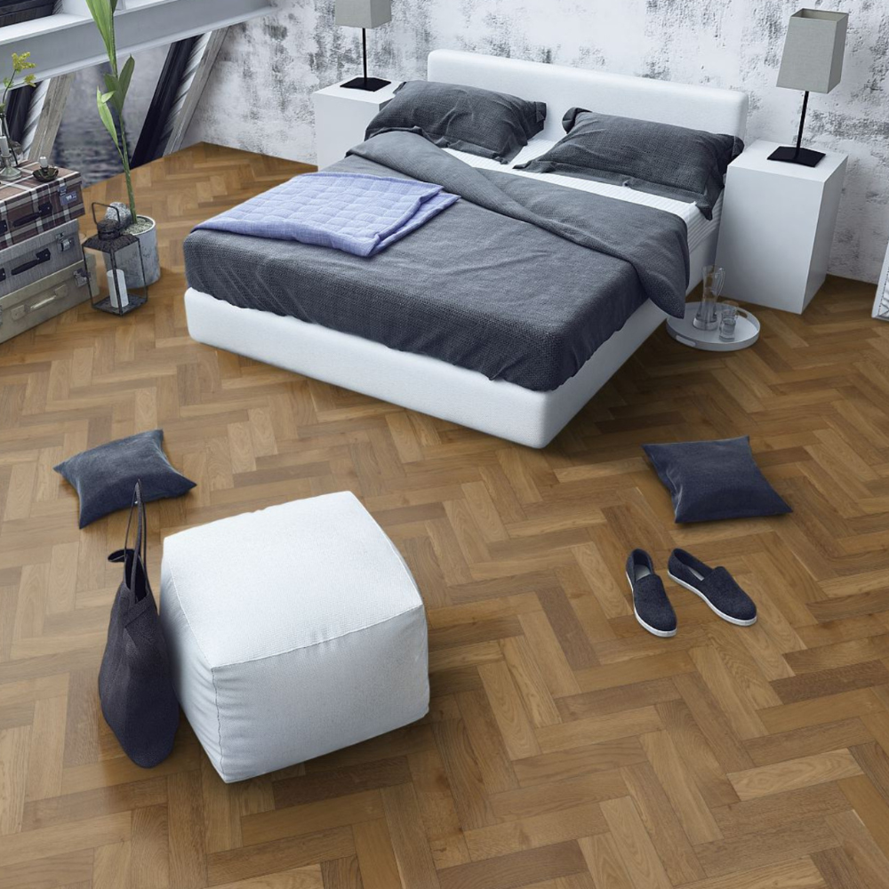 The Harvest Oak Herringbone Engineered Flooring - 15mm features rich grain, durable multi layer construction and easy installation