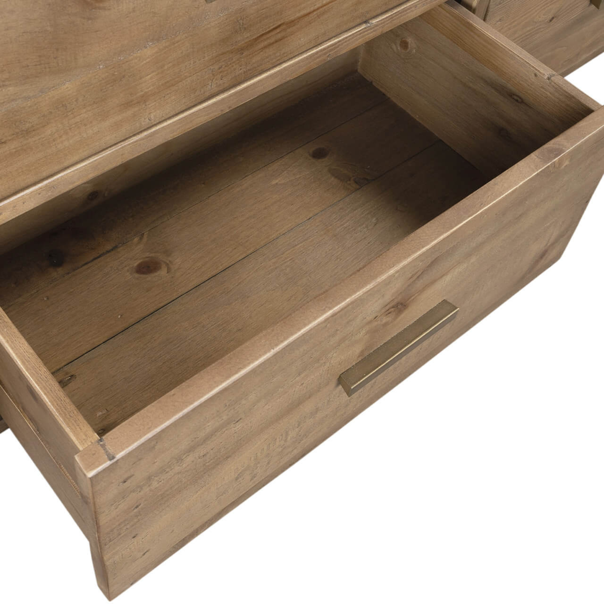 Open wooden drawer with a handle on a white background