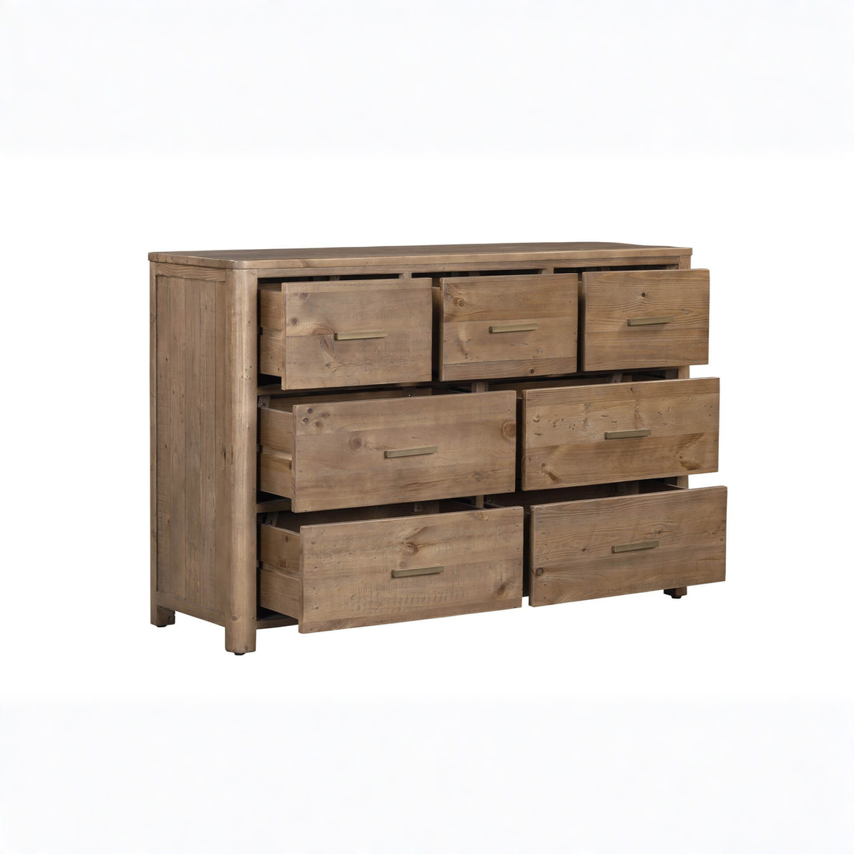 Wooden dresser with multiple drawers on a white background
