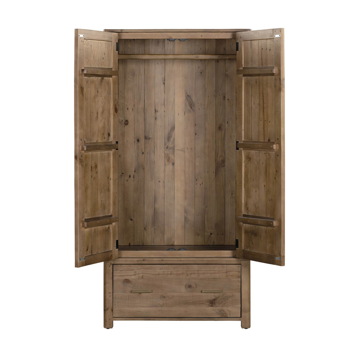 Wooden wardrobe with open doors on a white background