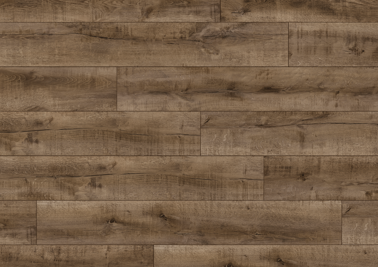 The Earth Oak Laminate Flooring - 12mm features real wood look, antibacterial, AC4 wear rating, underfloor heating compatible, 20-year guarantee, Click2go locking system.