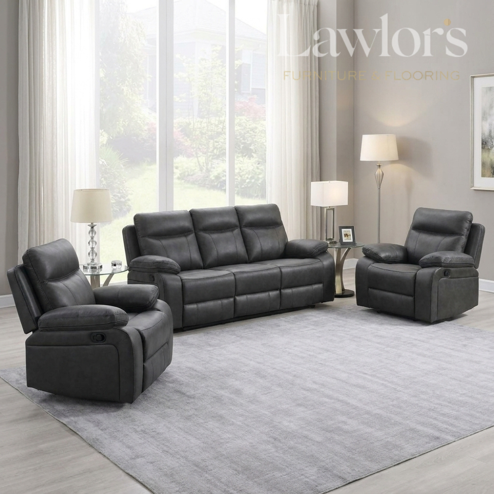 Gray leather 3+1+1 sofa set with recliners in a living room setting