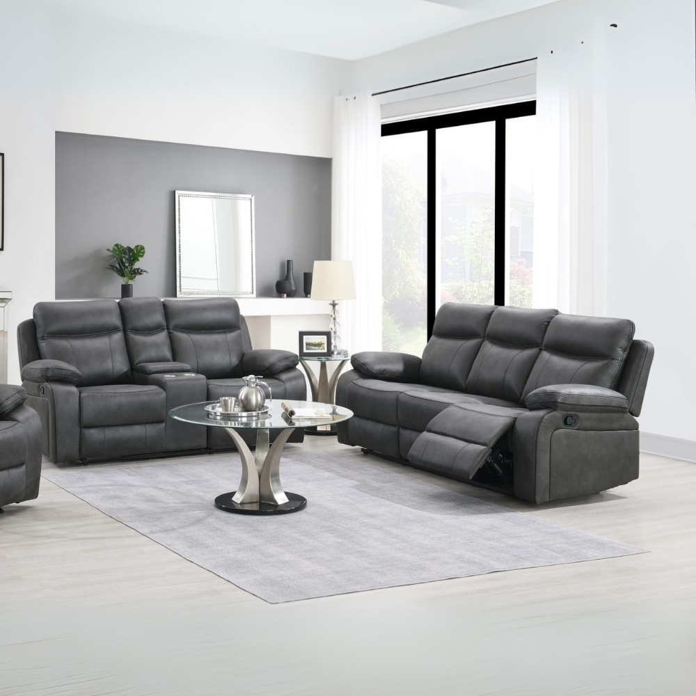The Kildare Recliner Sofa Set 3+2 in Gunmetal Grey offers soft fabric, padded headrests & reclining feature