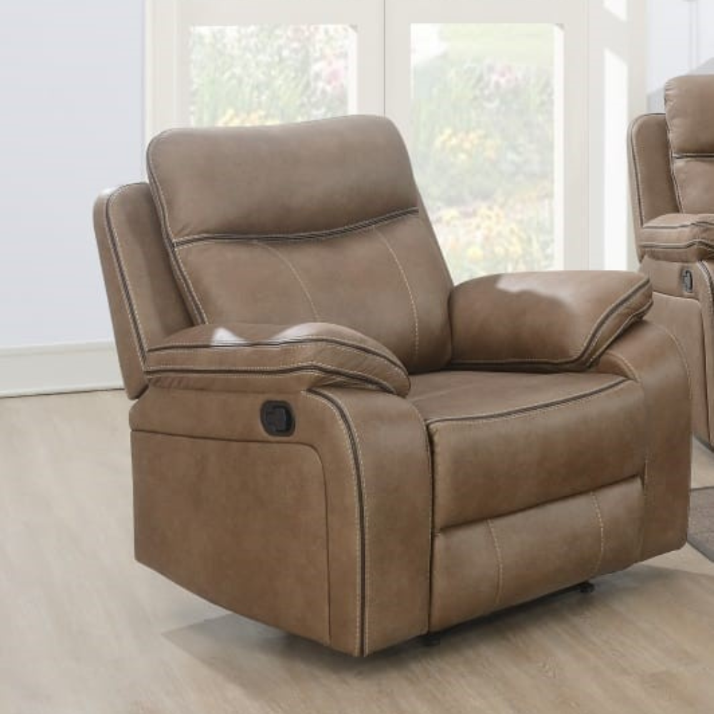 The Kildare Recliner Sofa in Tan offers soft fabric, padded headrests, manual reclining, and multiple size options