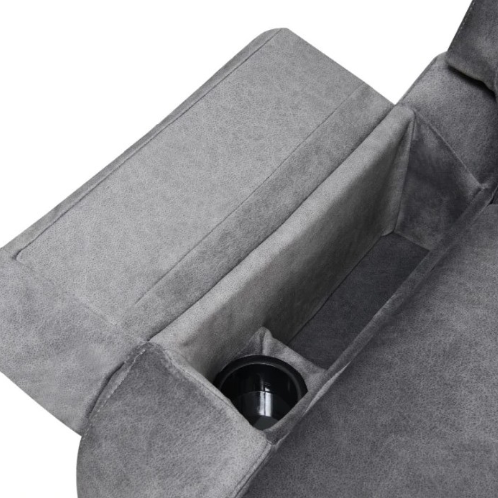The Leona Lift & Rise Massage Chair in Light Grey & Tan features premium leather with motion recline, wireless charging and smooth mobility support