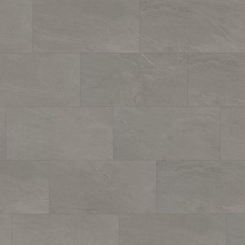 Gray stone-look rectangular spc flooring arranged in a staggered brick pattern, showing subtle natural veining and a matte finish.