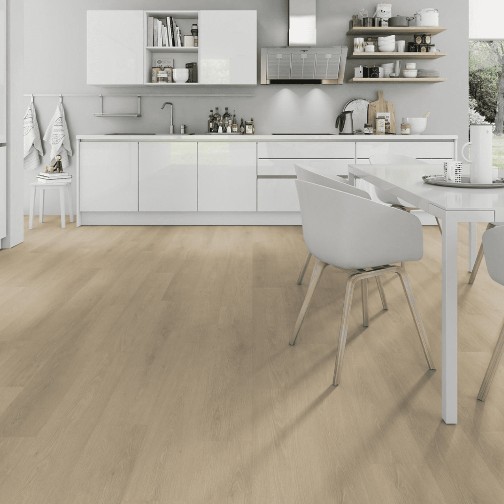 The Linen Oak SPC Flooring - 4mm, timeless design, SPC core for durability, waterproof, and Class 33 wear rating.