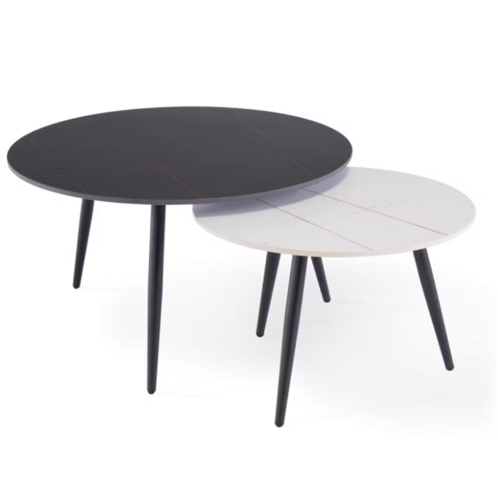 Luna Coffee Table set in black/white with heat-, water-, scratch-resistant sintered stone tabletops & metal legs.