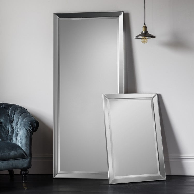 The Gallery Luna Large Mirror in Silver features bevelled glass, angled frame, large versatile hanging or leaning options.