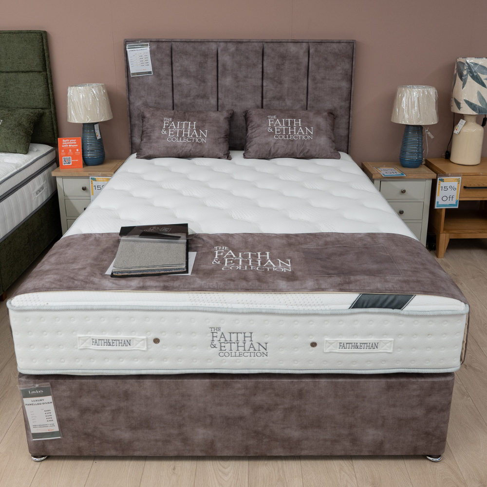 The Lisbon Fabric Headboard and Luxury Panelled Divan features 12" panelled with plush padding, custom fabric, colour & size options such as wall mount, adding style to any bed!