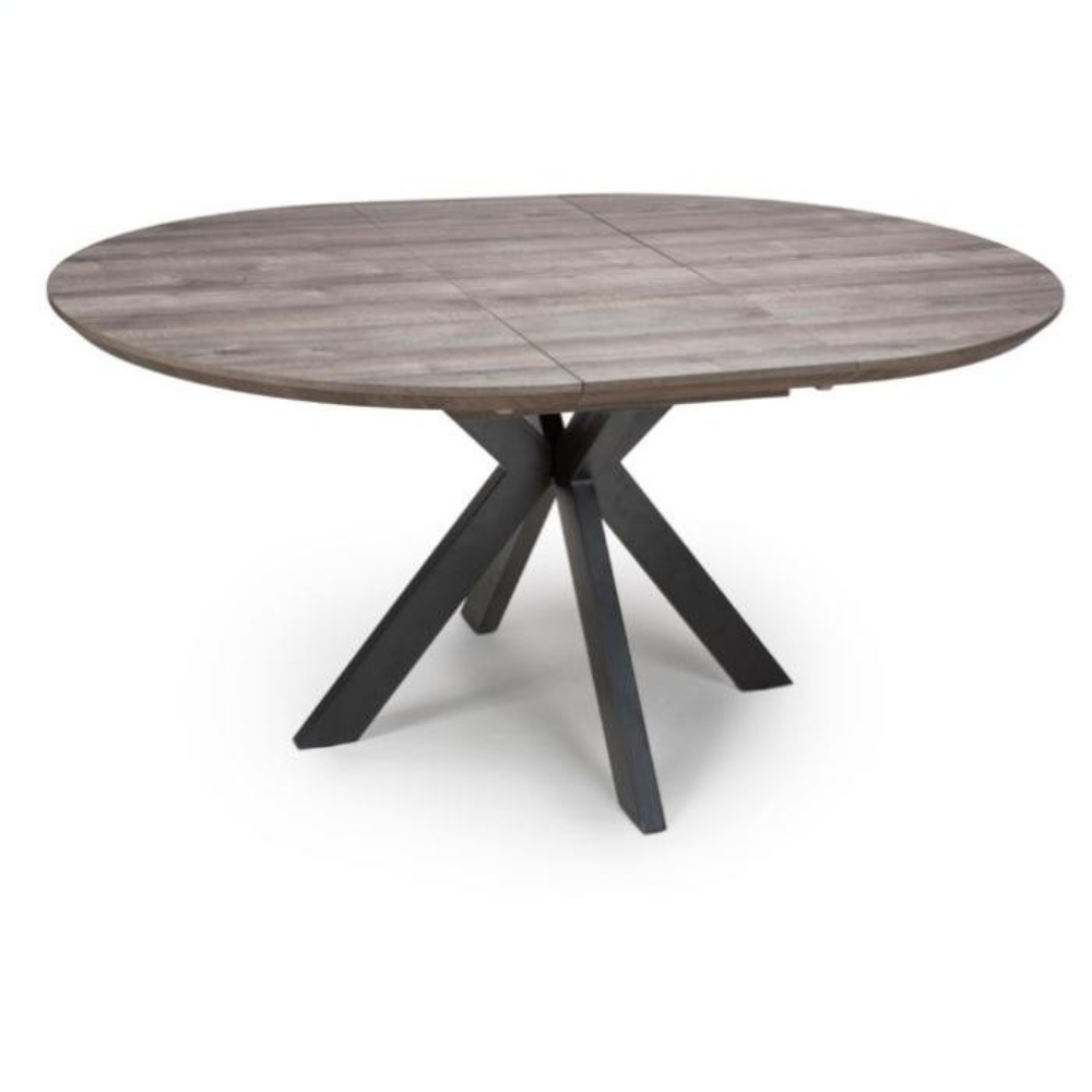 The Malin Extending Round Table in Grey features a wood-effect top ensuring heat, stain, and scratch resistance