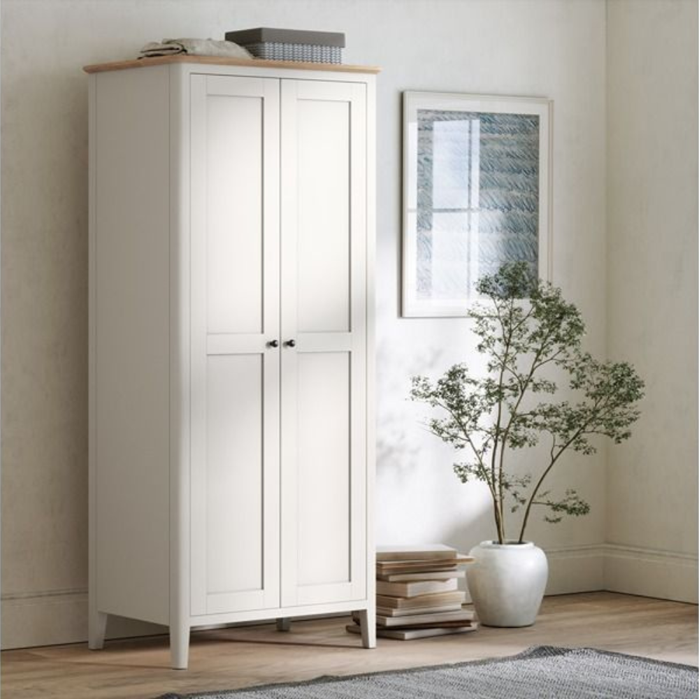 The Marlow Full Hanging Wardrobe in Coconut Milk features a full-hanging design, oak top and painted finish