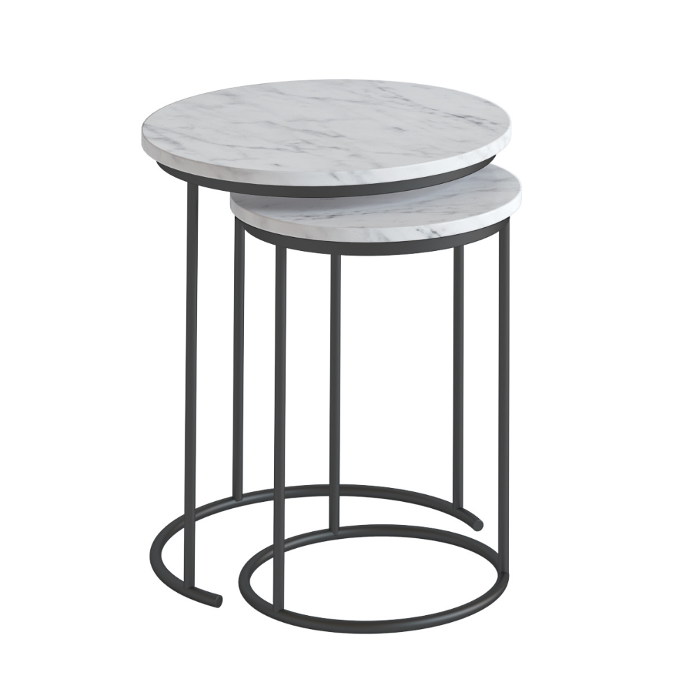 The Marmora Round Nest of Tables - Grey Base & White Marble offers a grey steel frame, white marble tops, space-saving design
