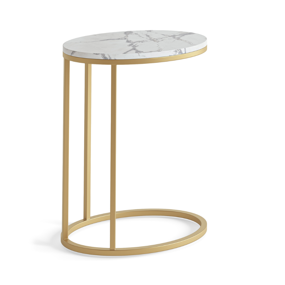 The Marmora Oval Side Table - Gold Base & White Marble features C-shaped design, gold steel frame, white marble top