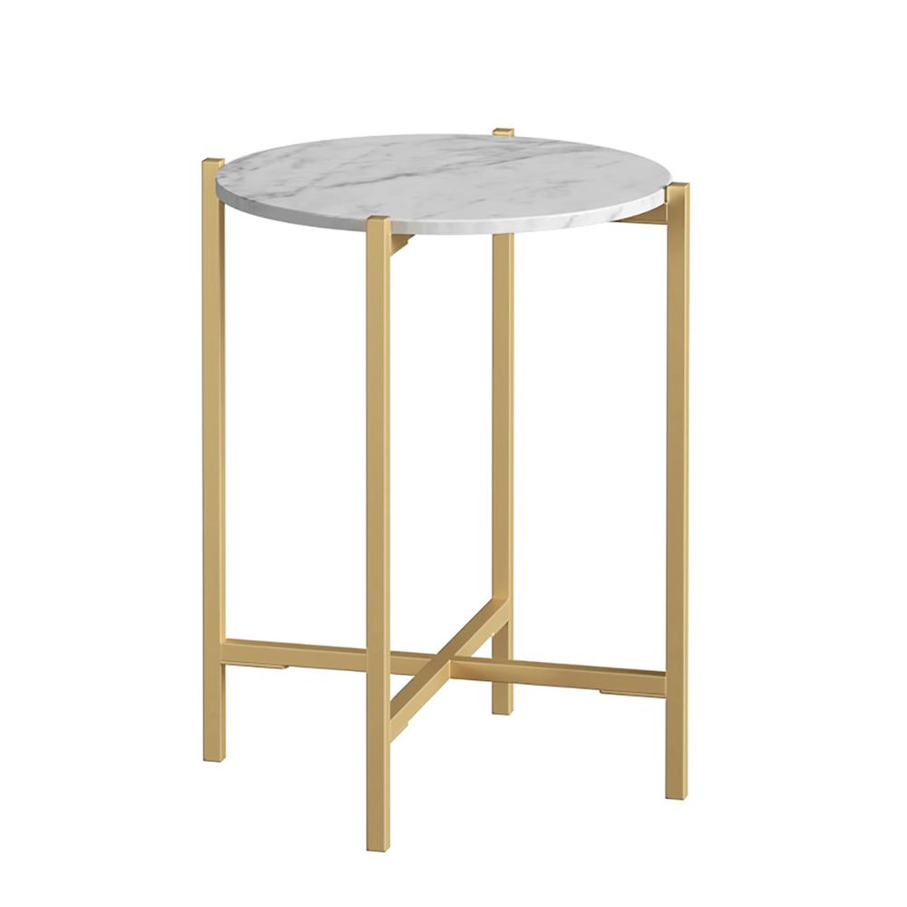 The Marmora Round Side Table - Gold Base & White Marble features a white marble top, gold-finished steel frame, adaptability