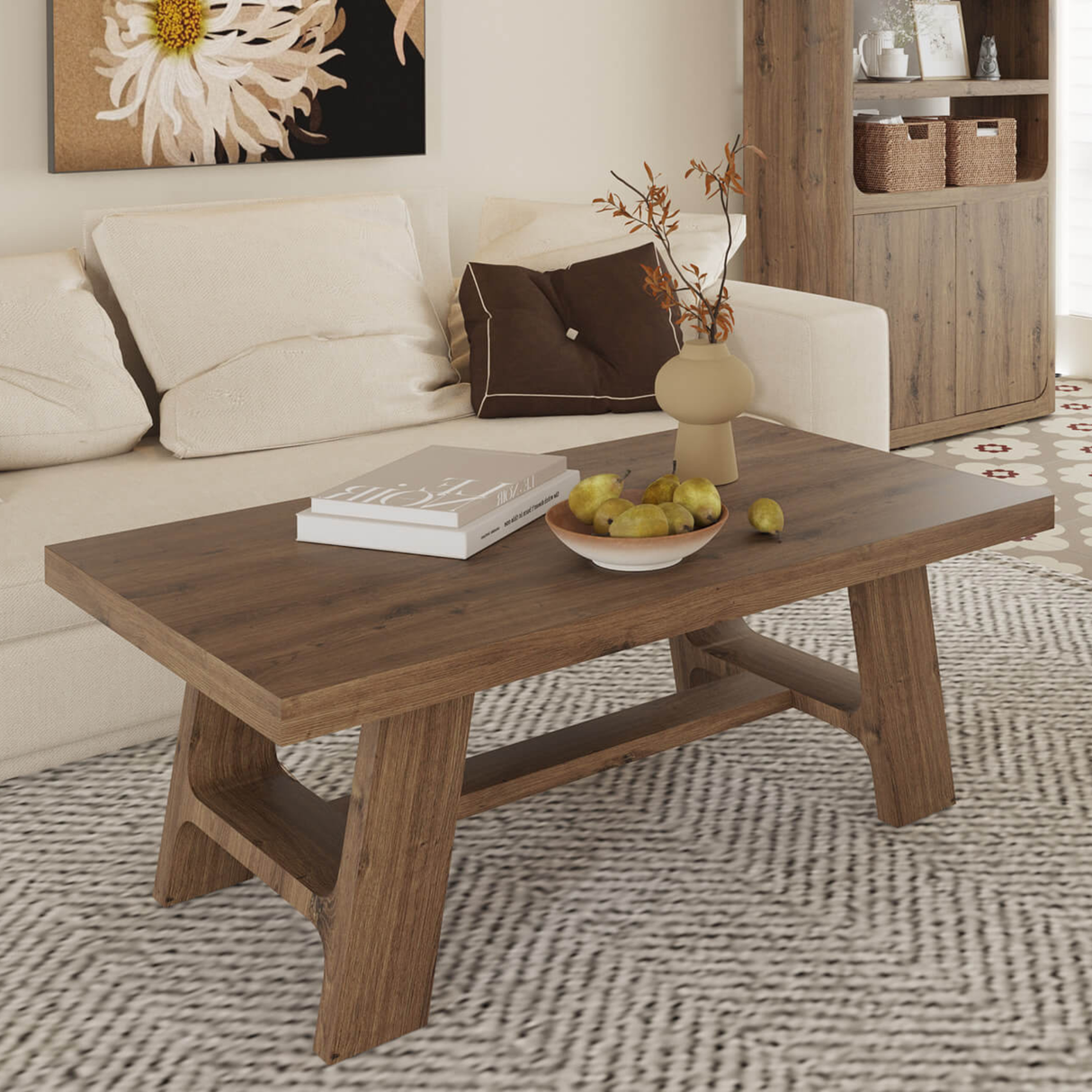 Wooden coffee table with decorative items in a living room setting
