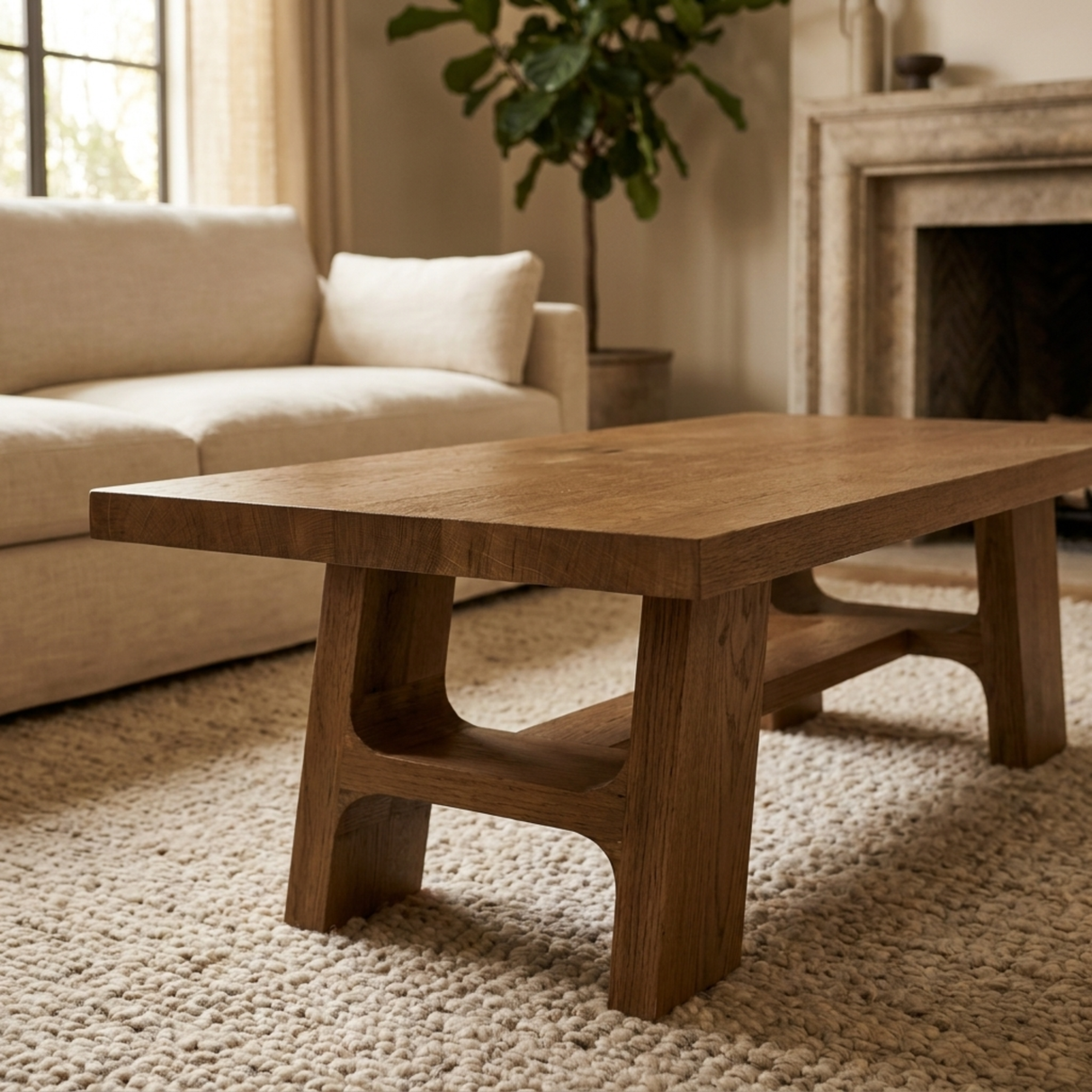 Wooden coffee table in a living room with a beige sofa and fireplace.