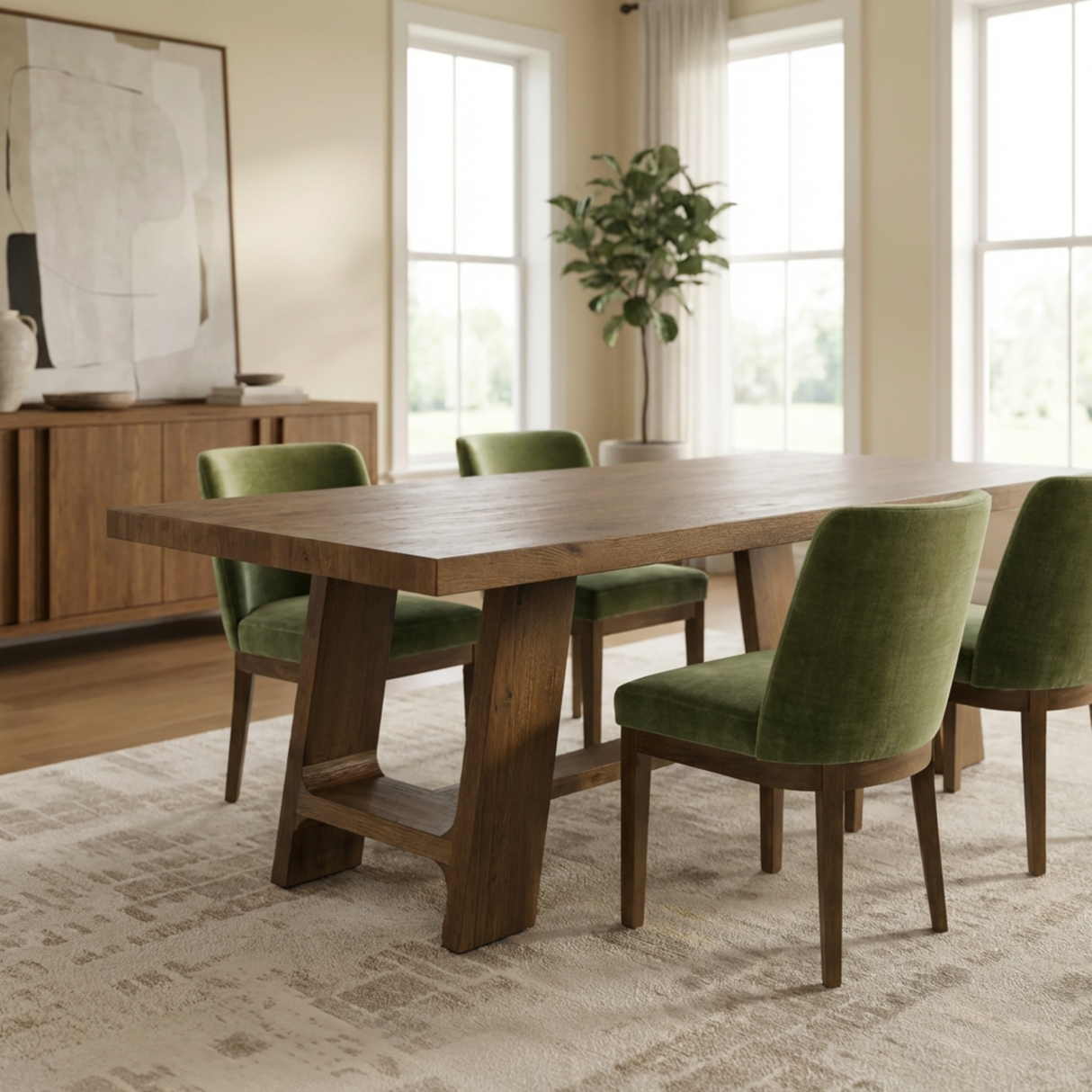 Dining room with wooden table and green chairs in a well-lit room.