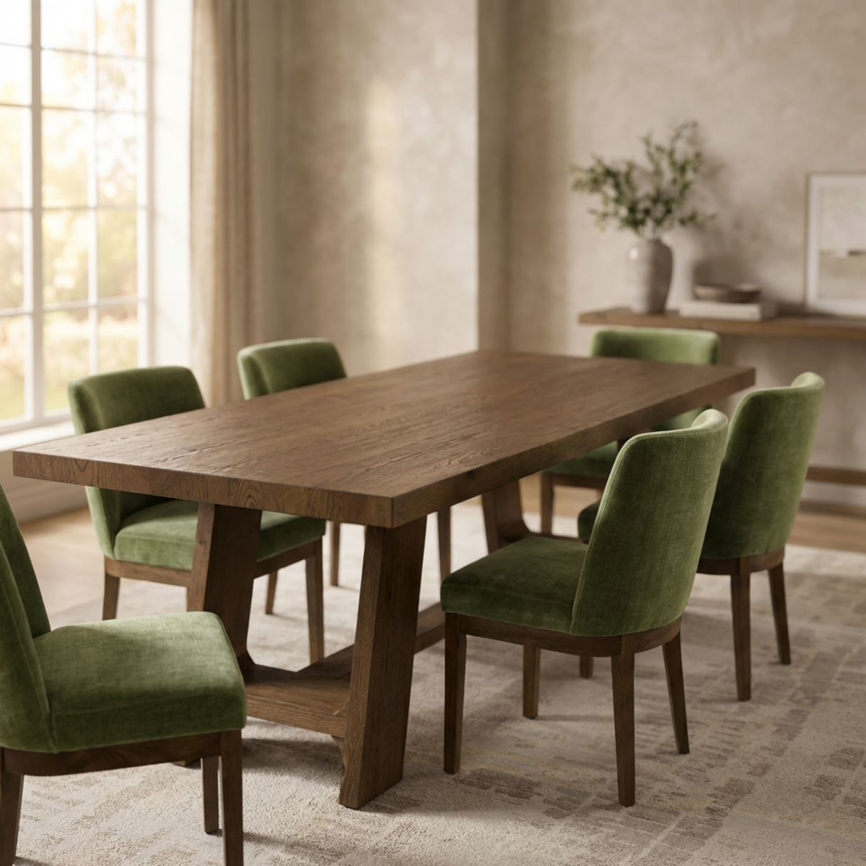 Dining room with wooden table and green chairs in a well-lit room.