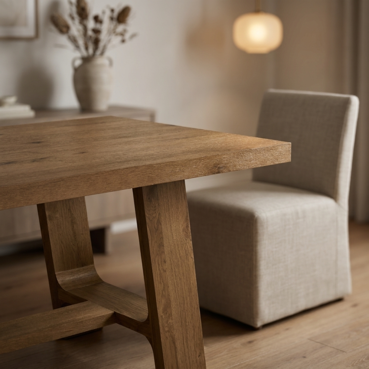 Wooden dining table with a chair in a softly lit room