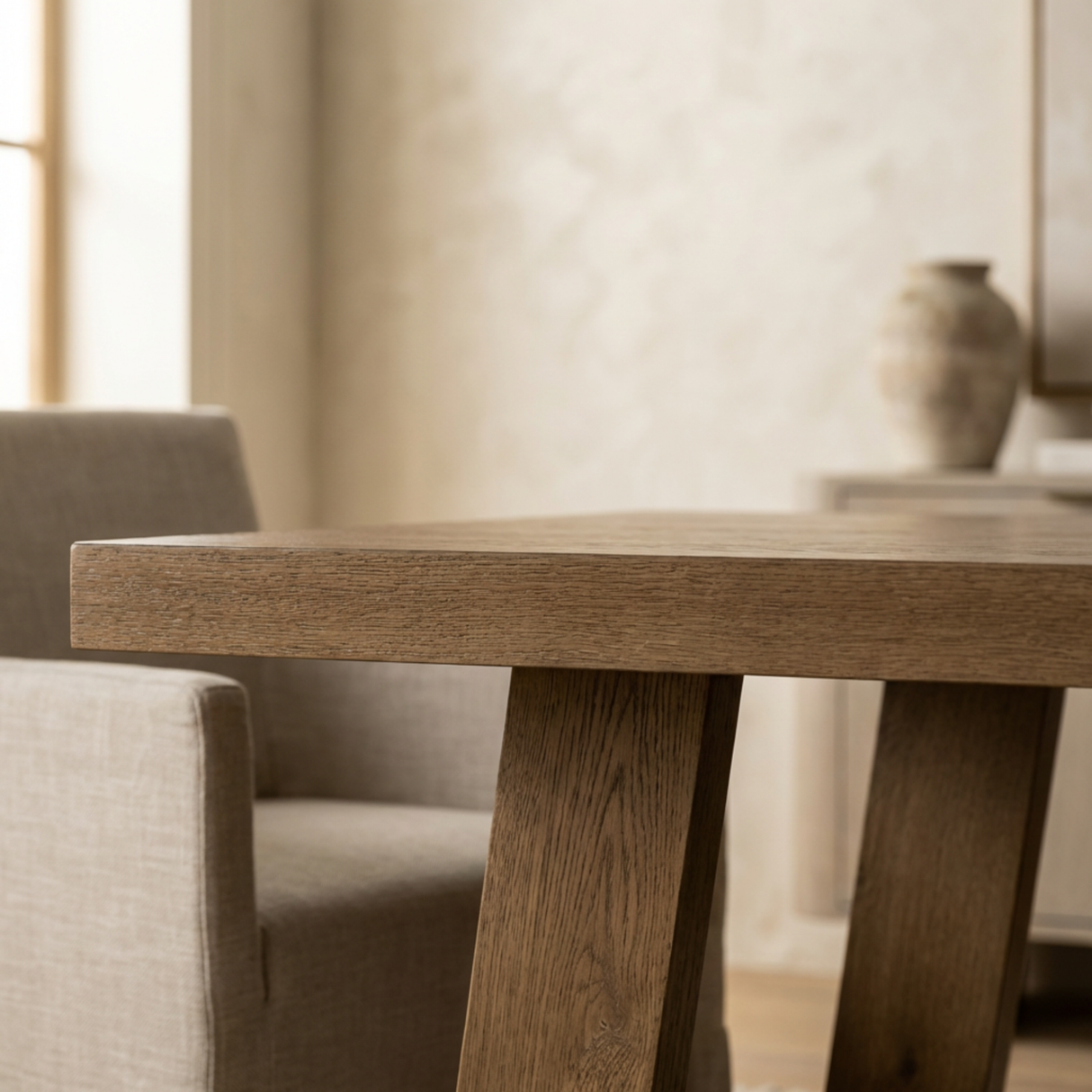 Wooden table in a room with a chair and decorative vase.