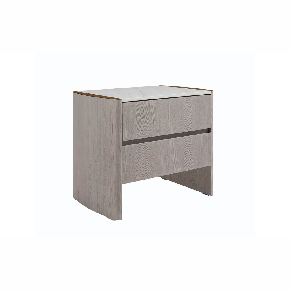 The Mondello 2 Drawer Bedside Table in Washed Oak features a luxurious sintered stone top, stainless steel accents and ample storage for a modern bedroom