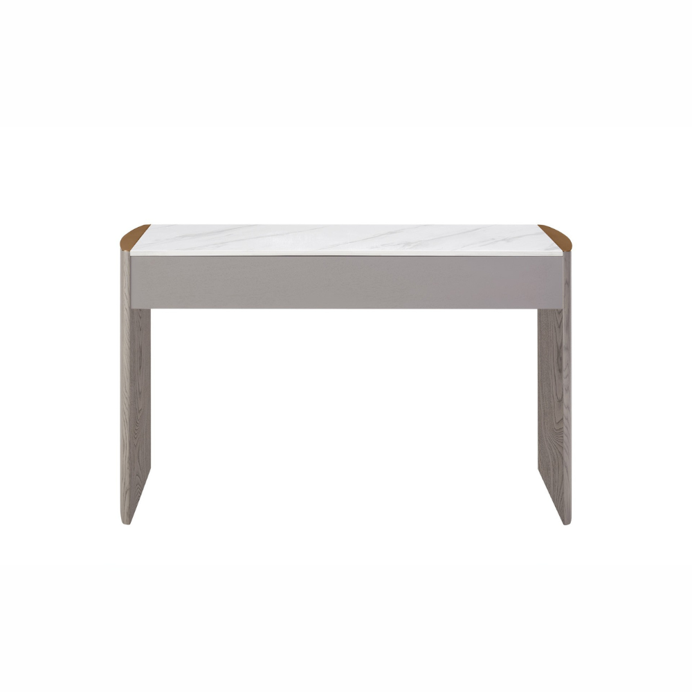 The Mondello 2 Drawer Dressing Table in Washed Oak features a luxurious sintered stone top, sleek steel accents and storage for a stylish practical bedroom