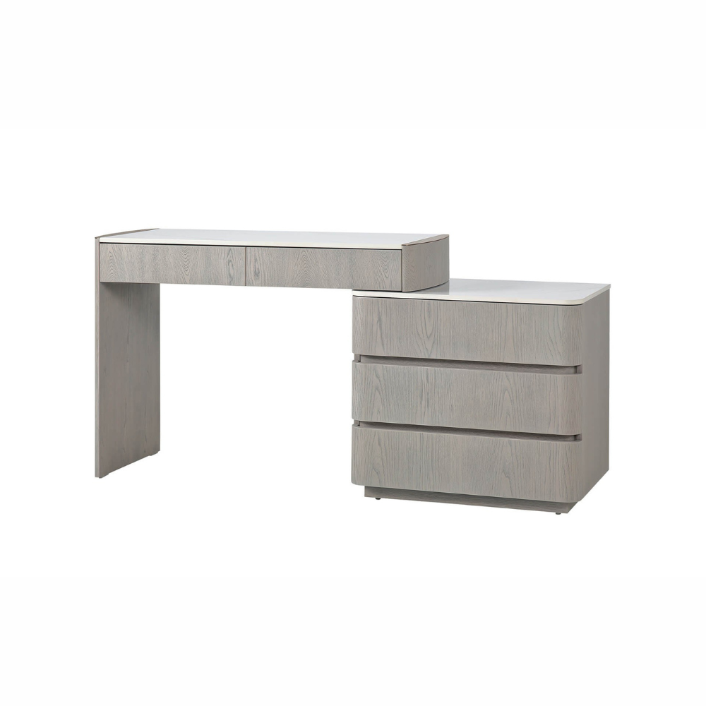 The Mondello 5 Drawer Dressing Table in Washed Oak features a sintered stone top, adjustable width and ample storage where luxury meets versatility