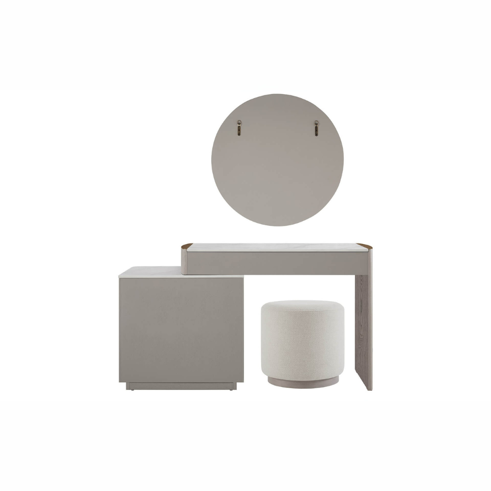 The Mondello 5 Drawer Dressing Table in Washed Oak features a sintered stone top, adjustable width and ample storage where luxury meets versatility