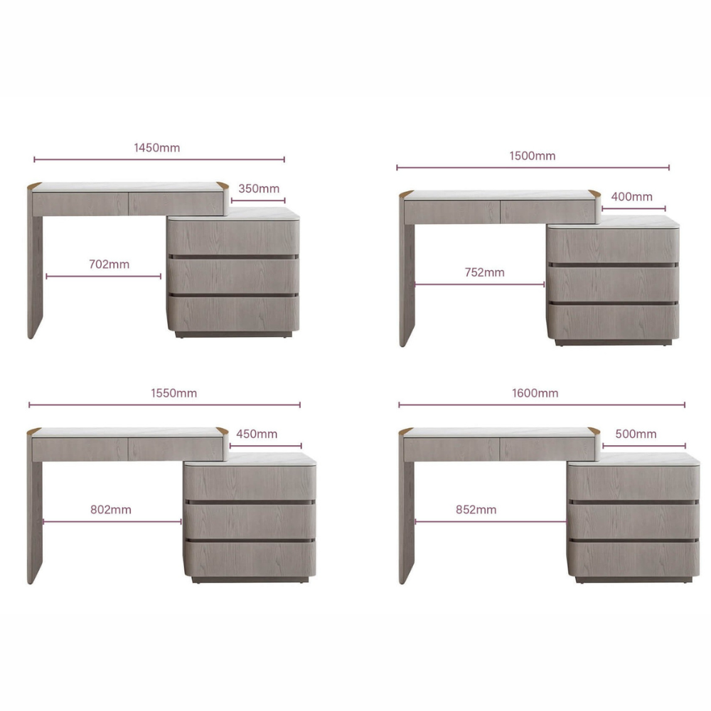 The Mondello 5 Drawer Dressing Table in Washed Oak features a sintered stone top, adjustable width and ample storage where luxury meets versatility