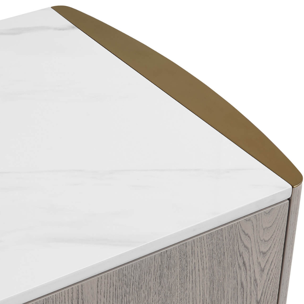 The Mondello 6 Drawer Chest in Washed Oak features a durable sintered stone top, luxurious detailing and 6 spacious drawers for style and functionality