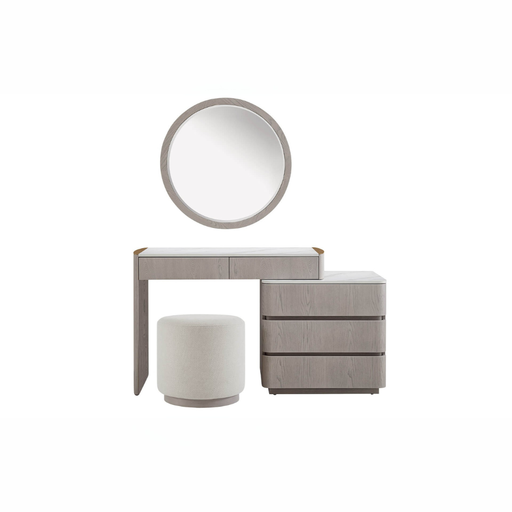 The Mondello Round Mirror in Washed Oak features a sleek frame and a tempered glass, perfect for pairing with furniture or as a standalone accent