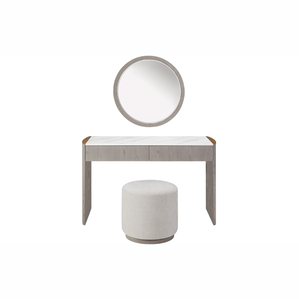 The Mondello Round Mirror in Washed Oak features a sleek frame and a tempered glass, perfect for pairing with furniture or as a standalone accent
