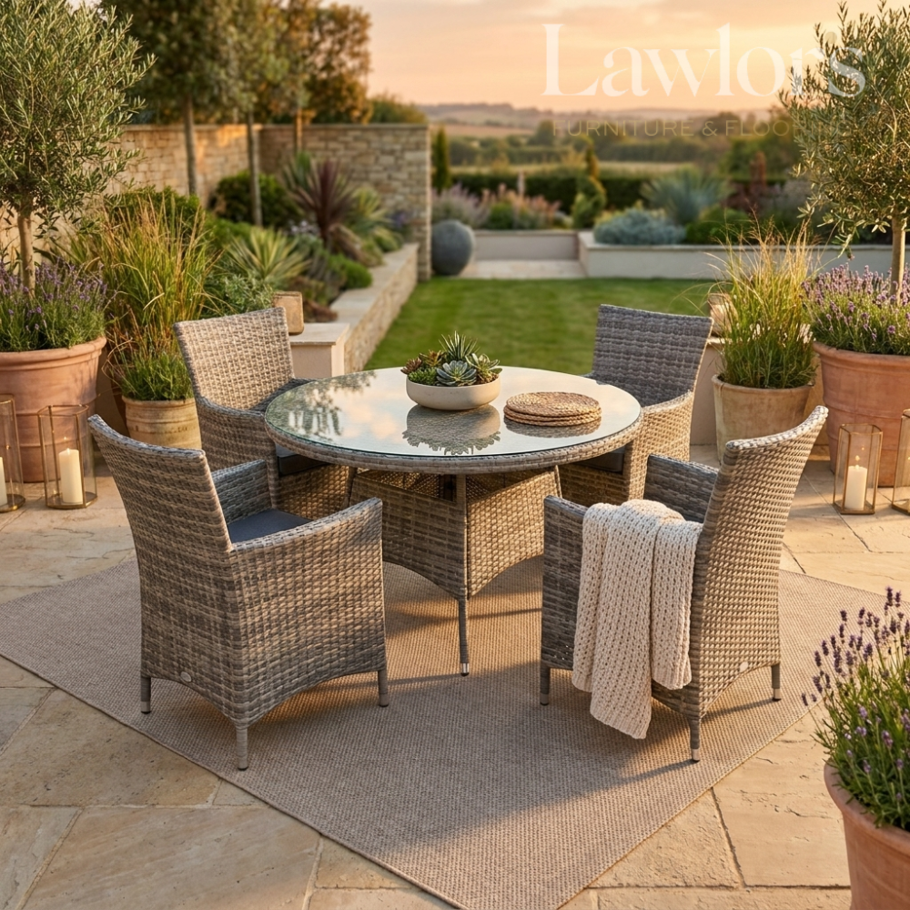 Outdoor garden furniture patio set with table and chairs on a stone patio, surrounded by plants.
