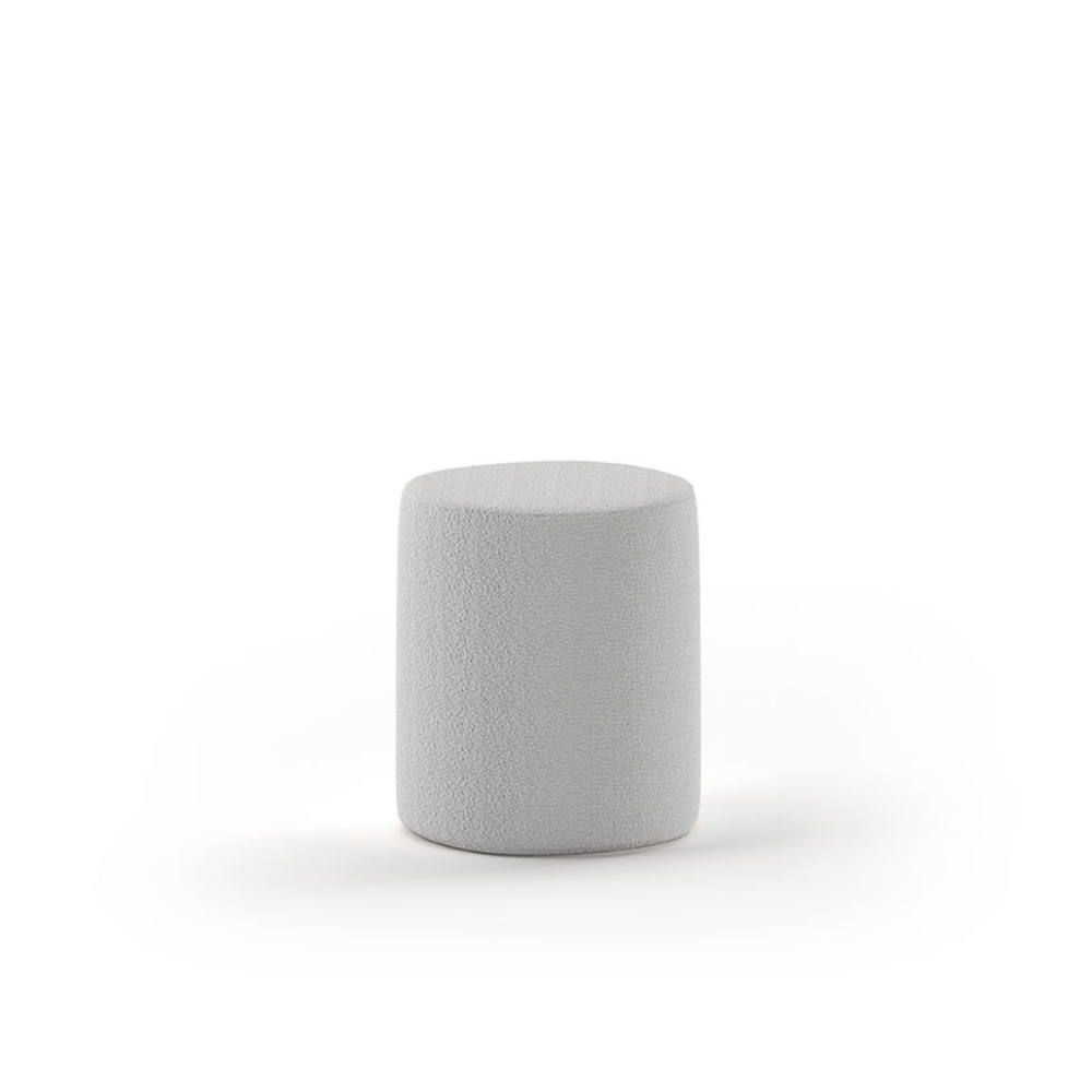 The Moon Kids Stool in Boucle is available in pink, white, grey and olive green, soft upholstery, multifunctional design and Belgian style