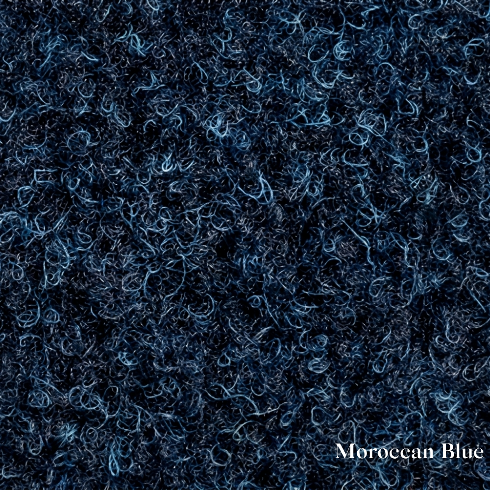 Textured blue fabric with 'Moroccan Blue' label