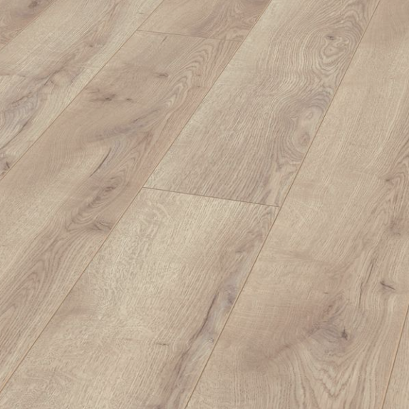The Mountain Oak Beige Laminate Flooring - 12mm features long planks, AC5 durability, and 5G click installation system.