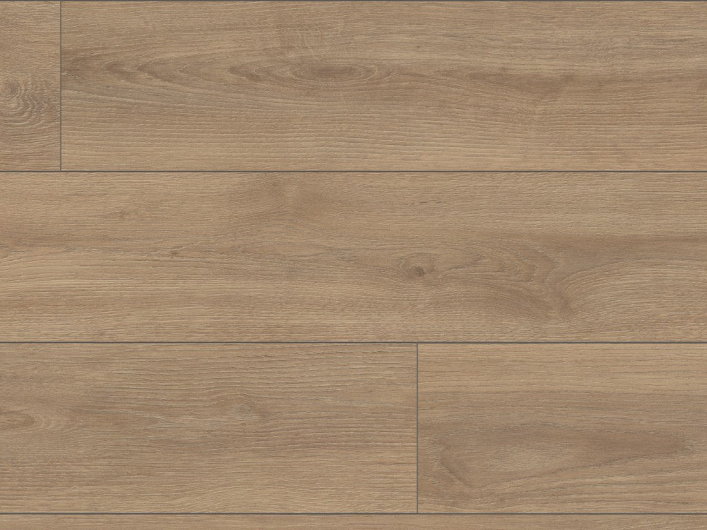 The Cashmere Oak Long & Wide Laminate Flooring - 12mm features AC5 wear rating, waterproof, 30-year guarantee, authentic wood look, underfloor heating compatible, easy installation.