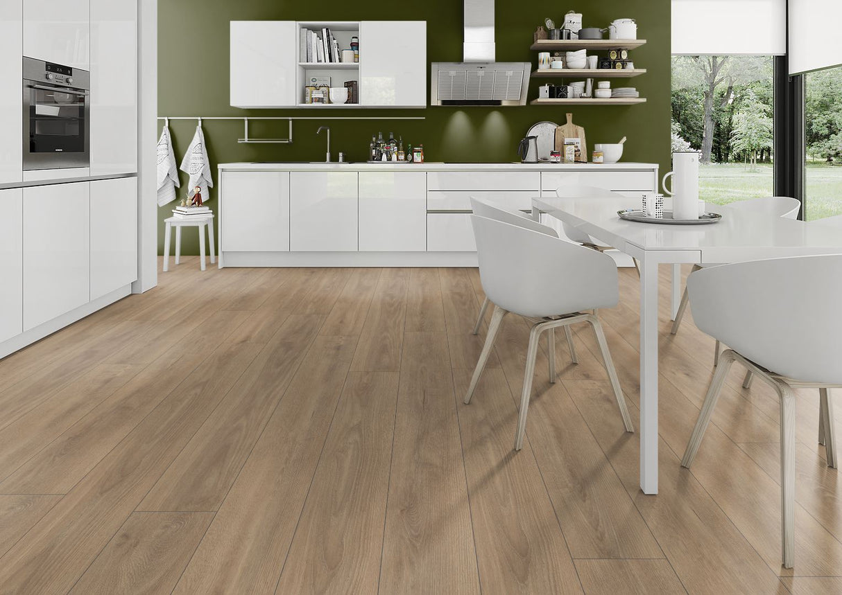 The Cashmere Oak Long & Wide Laminate Flooring - 12mm features AC5 wear rating, waterproof, 30-year guarantee, authentic wood look, underfloor heating compatible, easy installation.