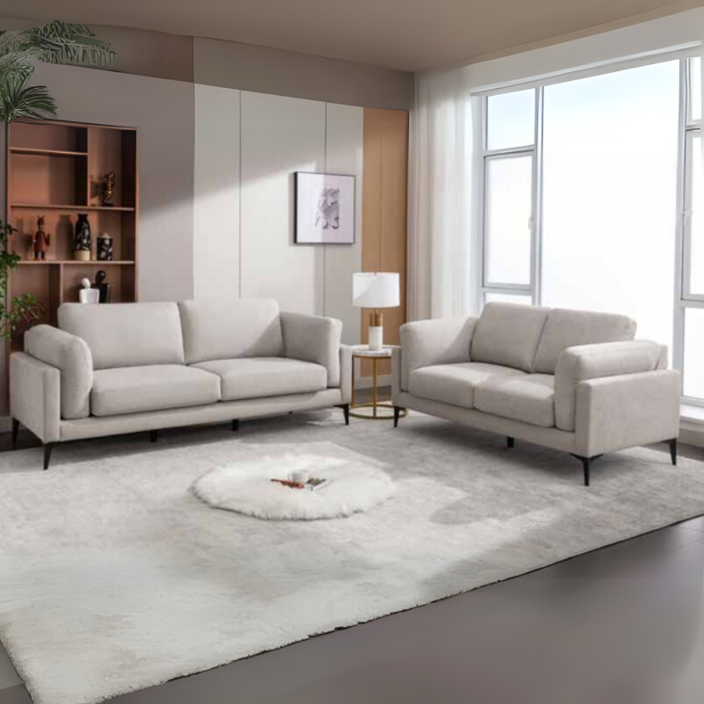 The Newport 3+2 Sofa Set in Light Grey features soft-touch fabric, padded headrests, armrests with 2 and 3 seater set