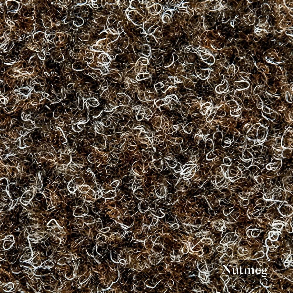 Close-up of textured brown and beige carpet with 'Nutmeg' branding.