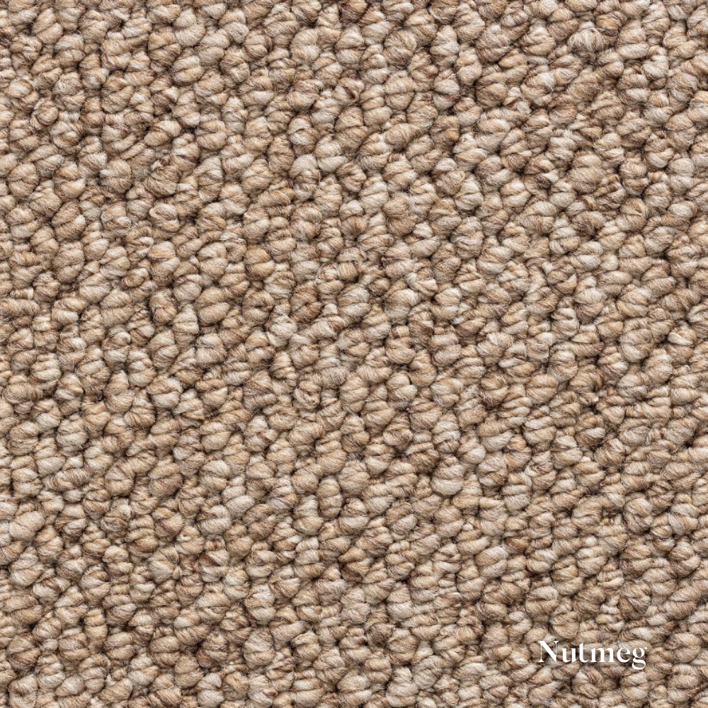 Close-up of beige carpet texture with 'Nutmeg' label