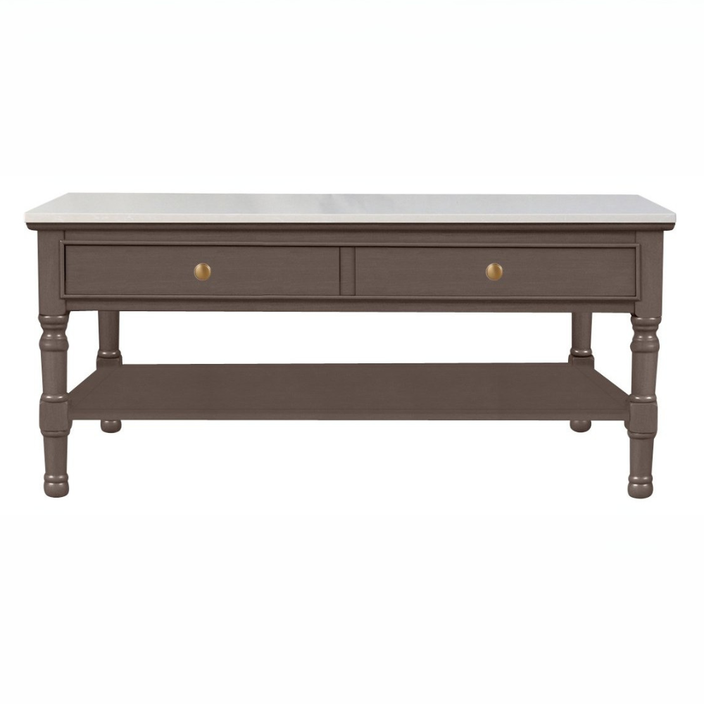 The Olive Brown2 Drawer Coffee Table has 2 drawers, a lower shelf, and a marble top