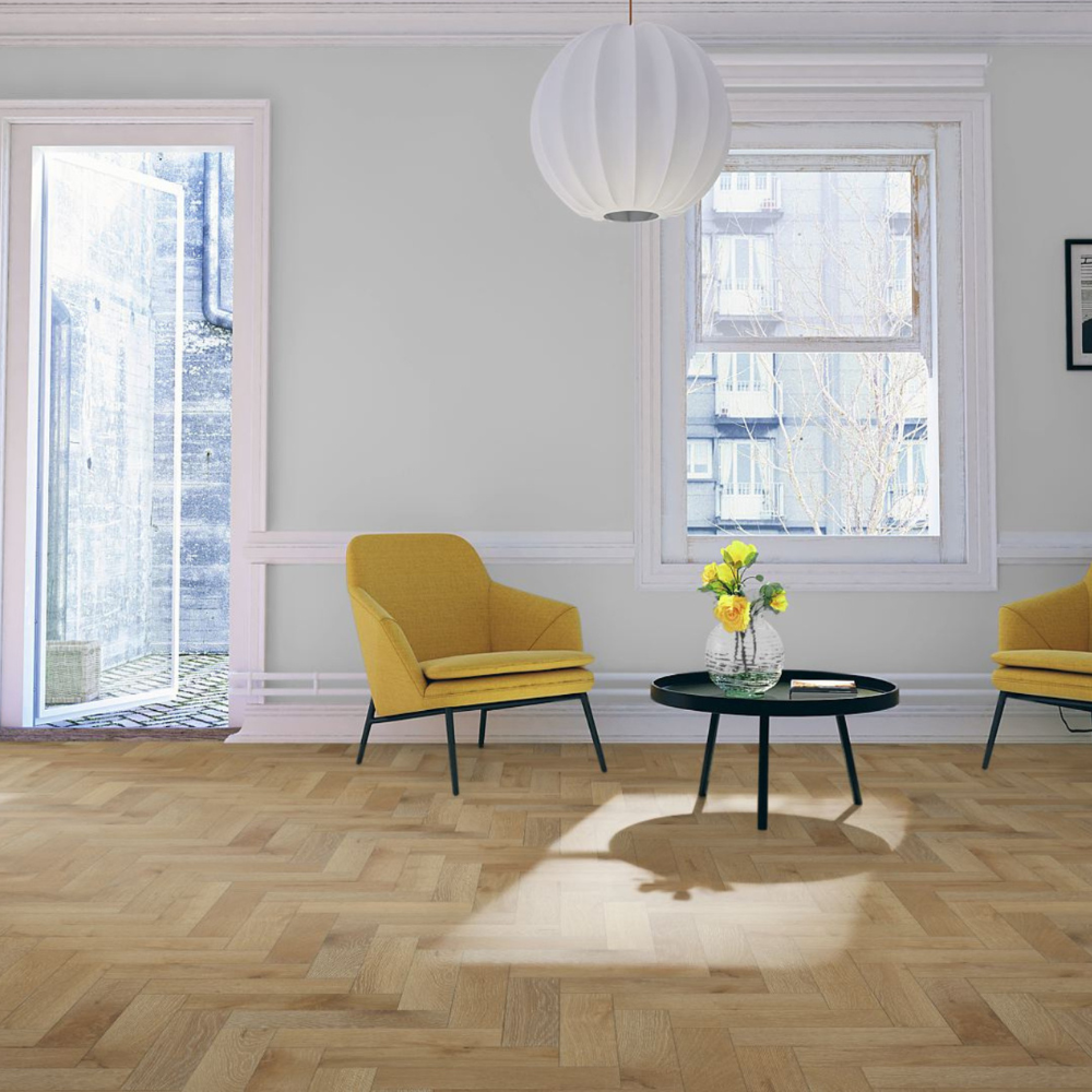 The Orchid White Oak Herringbone Engineered Flooring - 15mm features white grain detail, durable multi layer construction and flexible installation