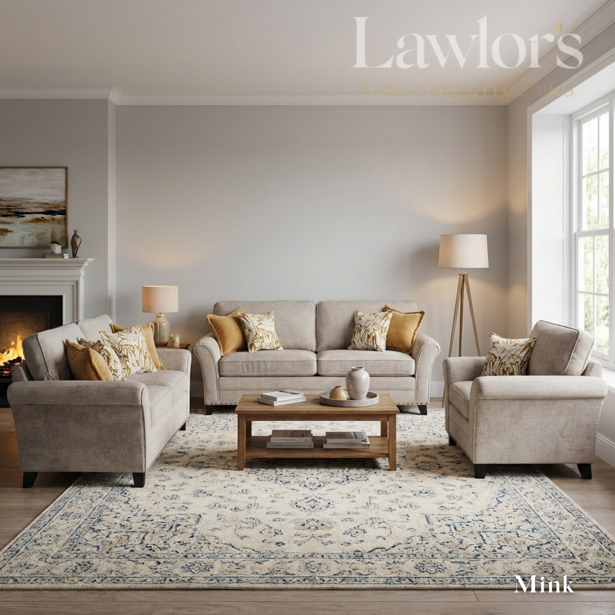 Living room with mink fabric sofa set, a coffee table, and decorative pillows