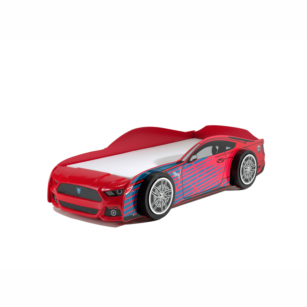 VIPACK Panther Power Car Bed in Red with blue accents features a slatted base and lacquered MDF, a sporty design adds speed and style to any kids room