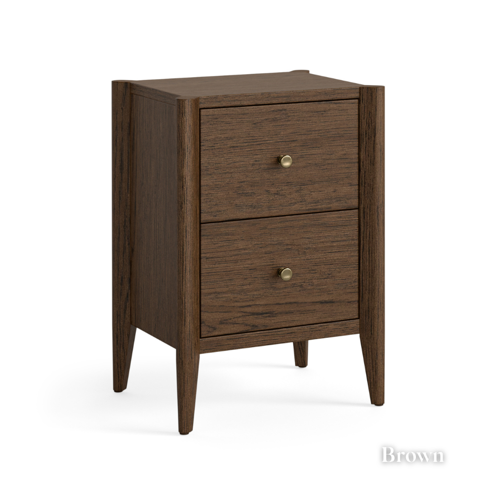 The Paris 2 Drawer Bedside in Natural and Brown finish with brass knobs, smooth drawers and timeless minimalist design for a functional bedroom piece