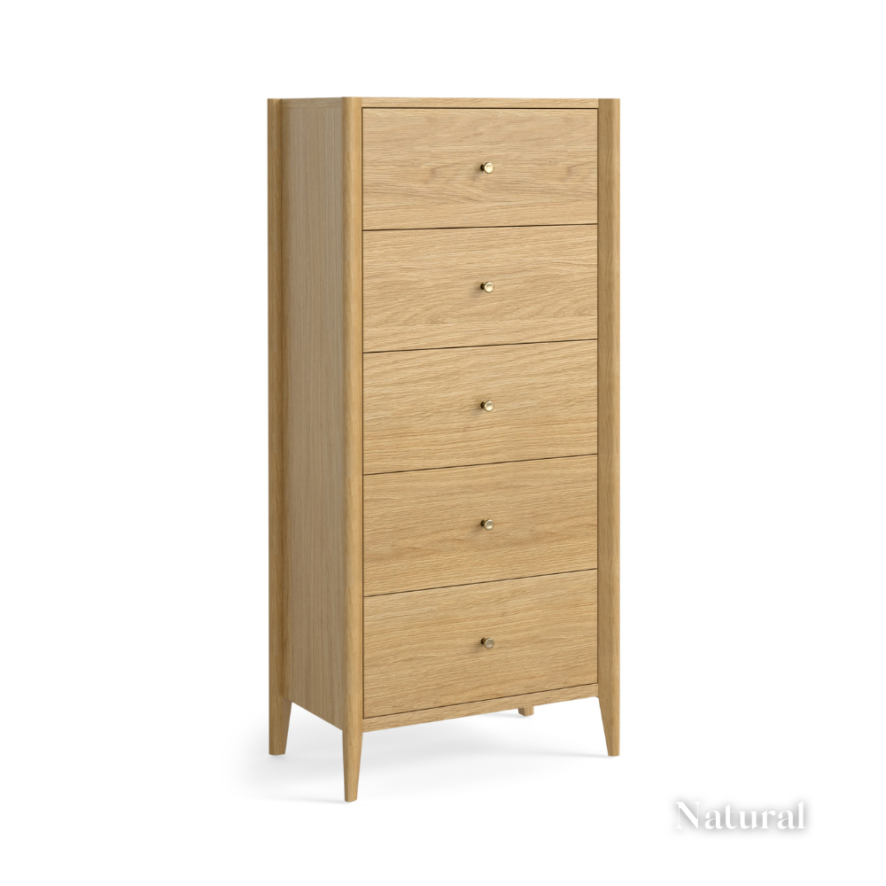 The Paris Tall 5 Drawer Chest in Brown or Natural offers a space saving design with elegant brass knobs and smooth drawers that's both stylish and practical