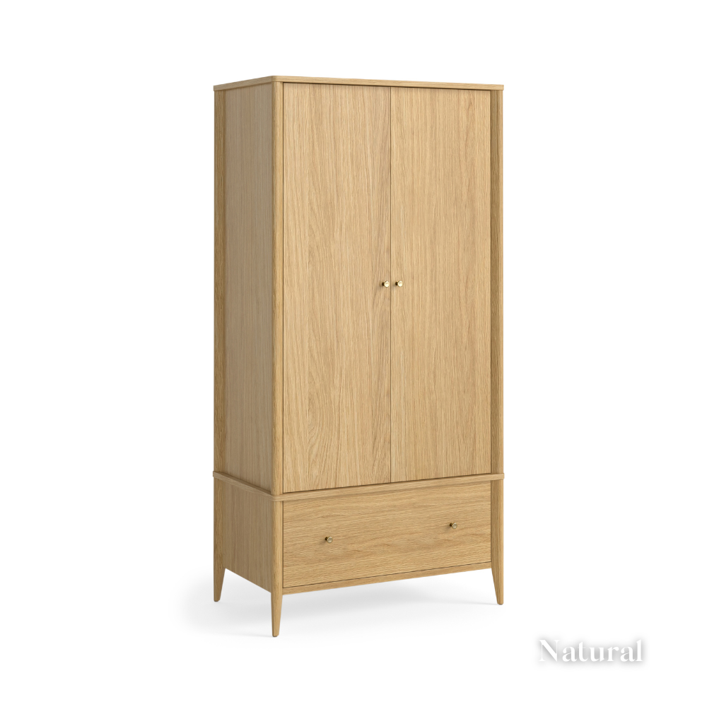 The Paris Wardrobe in Brown or Natural offers an elegant brass knobs and smooth drawers that's both stylish and practical