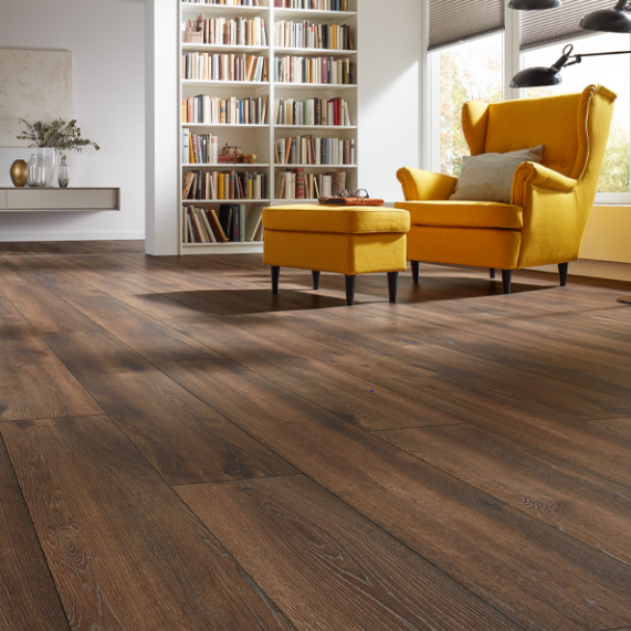 The Pettersson Dark Oak Laminate Flooring - 8mm with AC4 durability, rustic wide planks and easy 5G click system installation